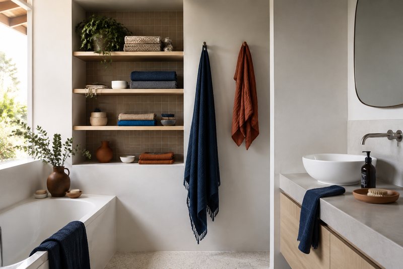 Hooks, rails and shelves earn their place in a compact bathroom.
